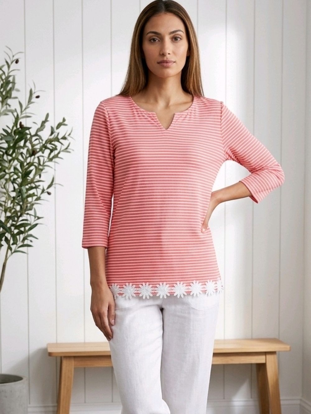 NWT Coral Bay Watermelon Sorbet and White Striped Blouse with Floral Trim ~M